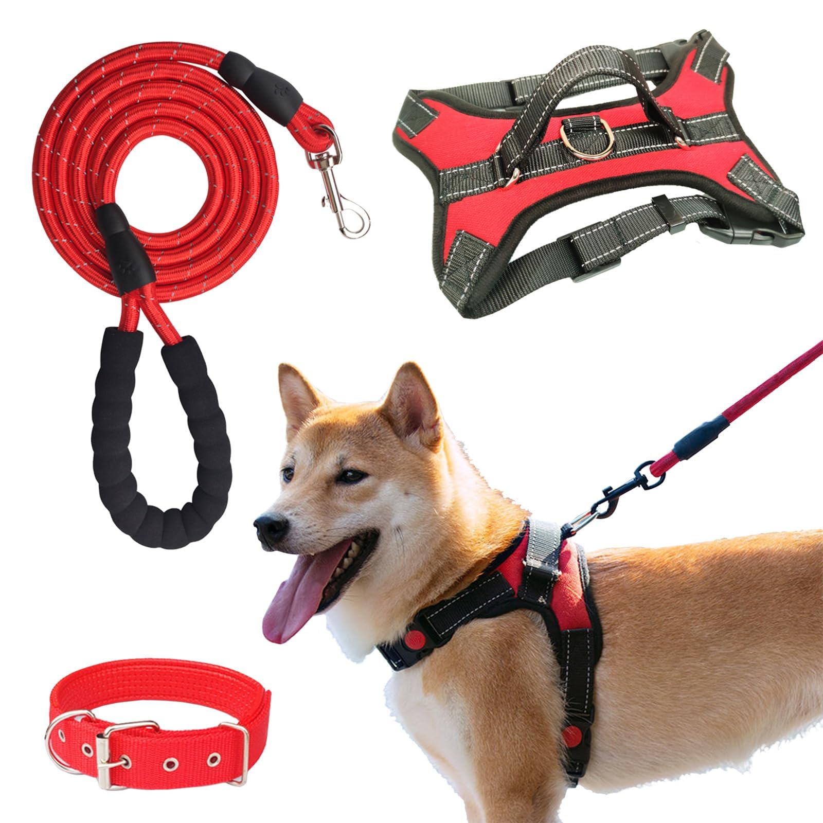 3 Pcs Dog Harness and Lead Set, No Pull Adjustable Secure Mesh with Lead & Collar, Breathable Comfortable Vest Harness, for Small/Medium Dogs, Outdoors (S,Red)