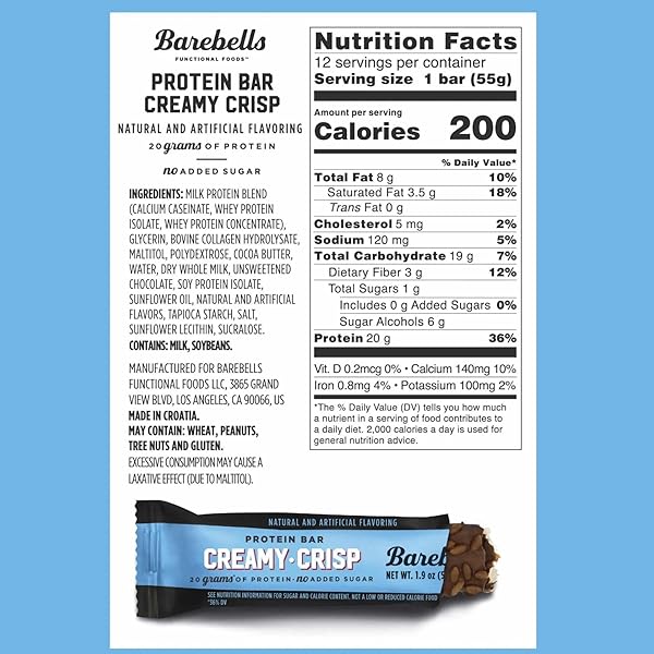 BAREBELLS PROTEIN BARS CREAMY CRISP – 12 COUNT, 20G HIGH PROTEIN TREATS – CHOCOLATE NUTRITION BAR WITH 1G TOTAL SUGARS – ON-THE-GO BREAKFAST OR POST-WORKOUT SNACK