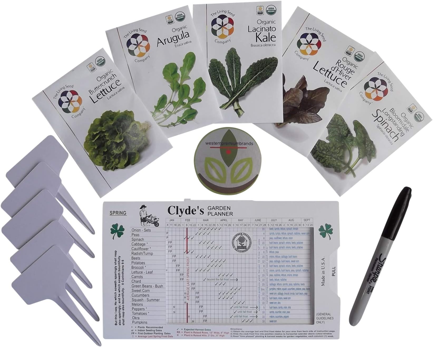 Organic Leafy Green Seeds Variety Pack w/Planting Guide for Home Garden - Arugula, Heirloom Baby Spinach, Buttercrunch and Red Leaf Lettuces, Lacinato Kale