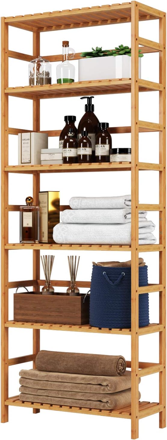 Homfa Bamboo Shelf 6 Tier, 63.4 Inches Height Free Standing Bookshelf Plant Flower Stand Rack Bathroom Storage Tower, Multipurpose Utility Organizer Shelf 100% Nature: Kitchen & Dining
