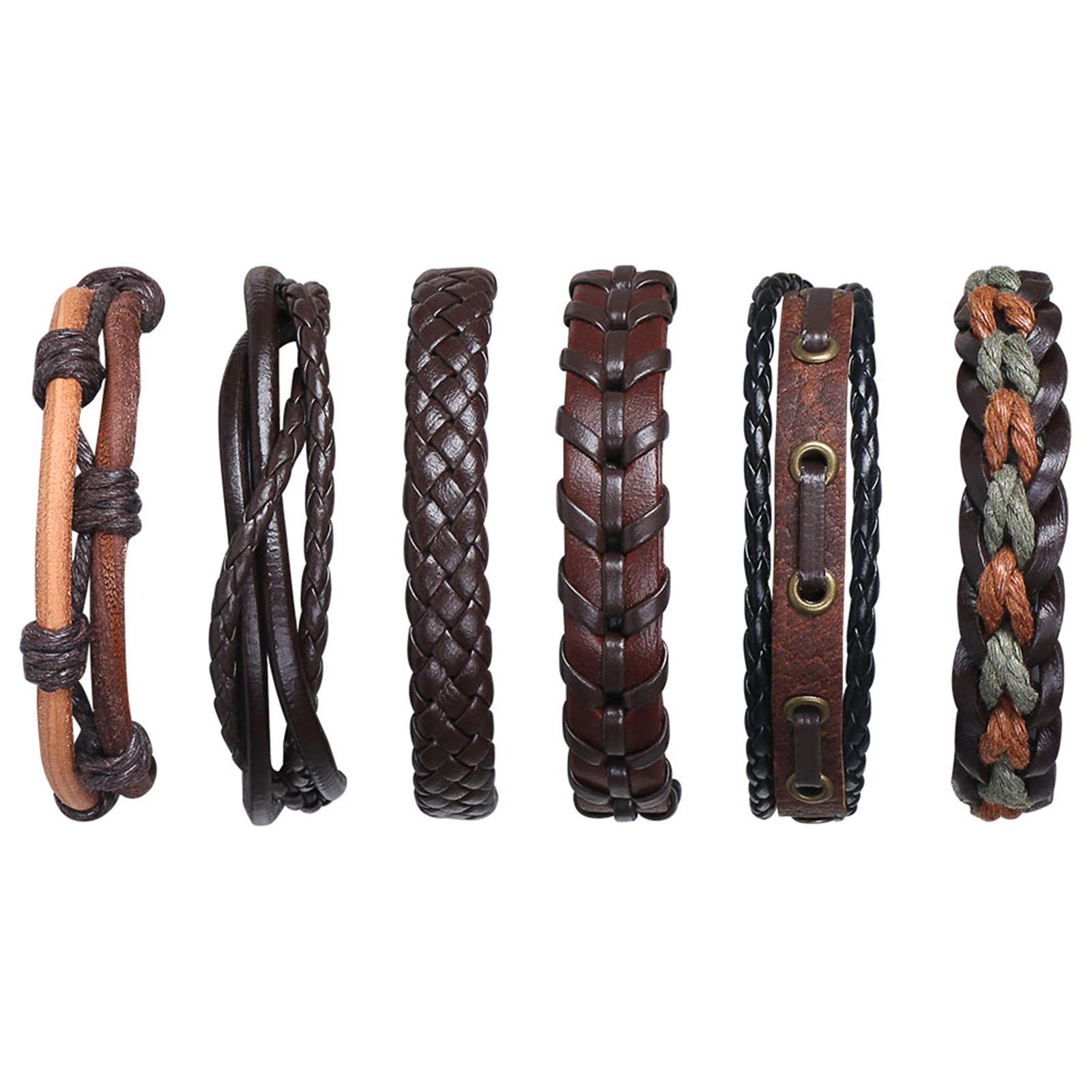 flintronic Leather Bracelet, 6Pcs Adjustable Fashion Punk Braided Men & Women Rope Bracelet Cuff Vintage Bracelets Wrap Set Series