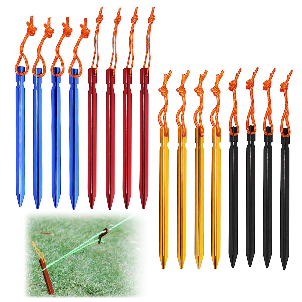 GiantGo 16 Pack Tent Pegs Aluminium Alloy Tent Stakes with Drawstring Bag for Outdoor Camping Trip Hiking Beach Heavy Duty and Mixed Color, 4 Colors