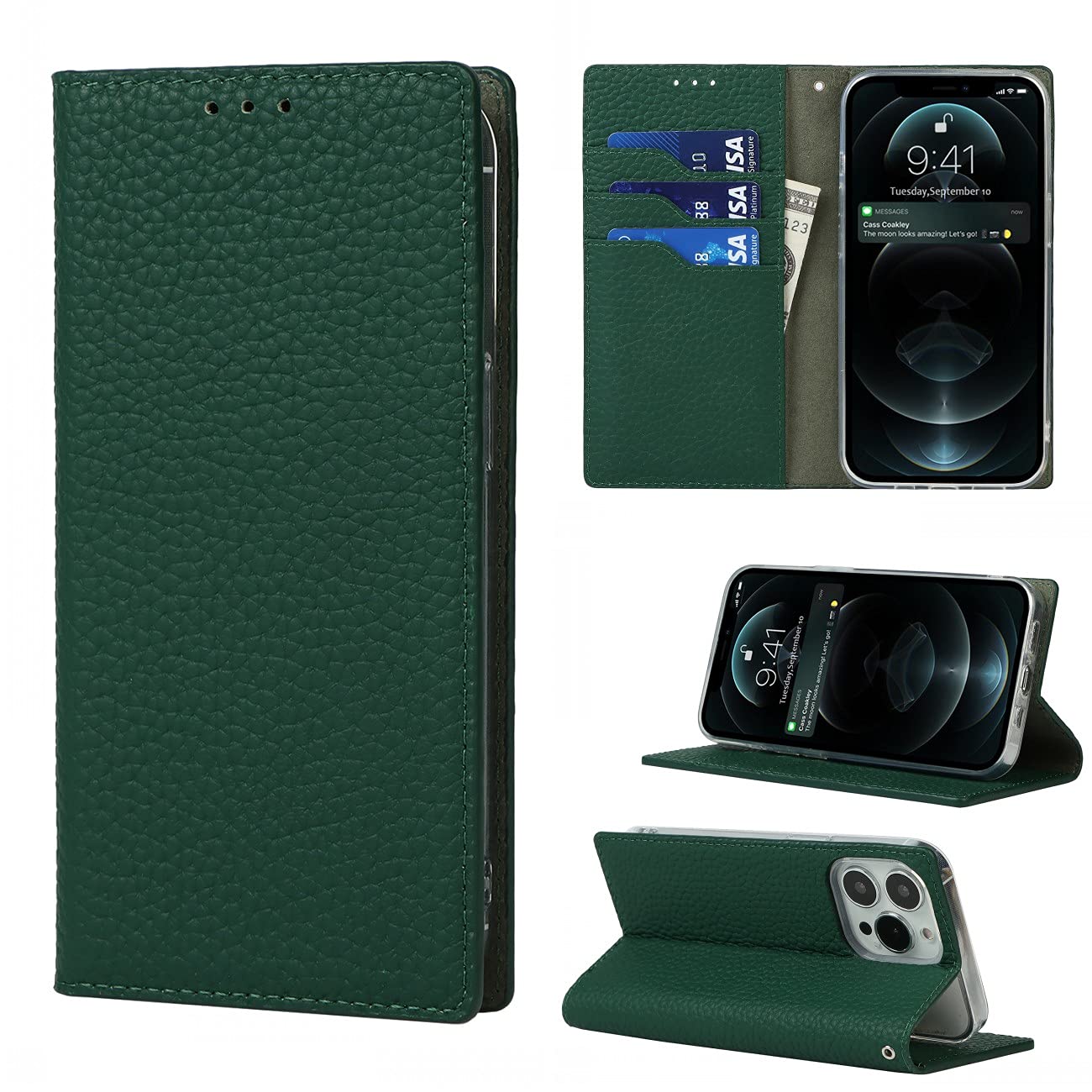 Copmob Case Compatible for iPhone 13 Pro Max,Premium Genuine Leather Flip Wallet Case,[3 Card Slots][Magnetic Closure][RFID-Blocking],Protective Case Cover for iPhone 13 Pro Max - Dark Green