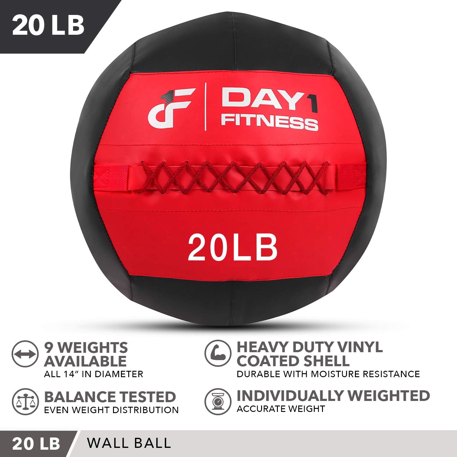 Day 1 Fitness Soft Wall Medicine Ball 20 Pounds RED/BLACK - for Exercise, Rehab, Core Strength, Large Durable Balls for Floor Exercises, Stretching: Sports & Outdoors