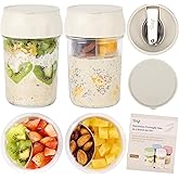SOLIGT 2 Pack Overnight Oats Containers with Lids, Folding Spoons and Divided Compartments for Fruit & Nuts, Small Glass 16oz Mason Jars for Oatmeal Yogurt Parfait (2 Set-Oat White/Oat White)