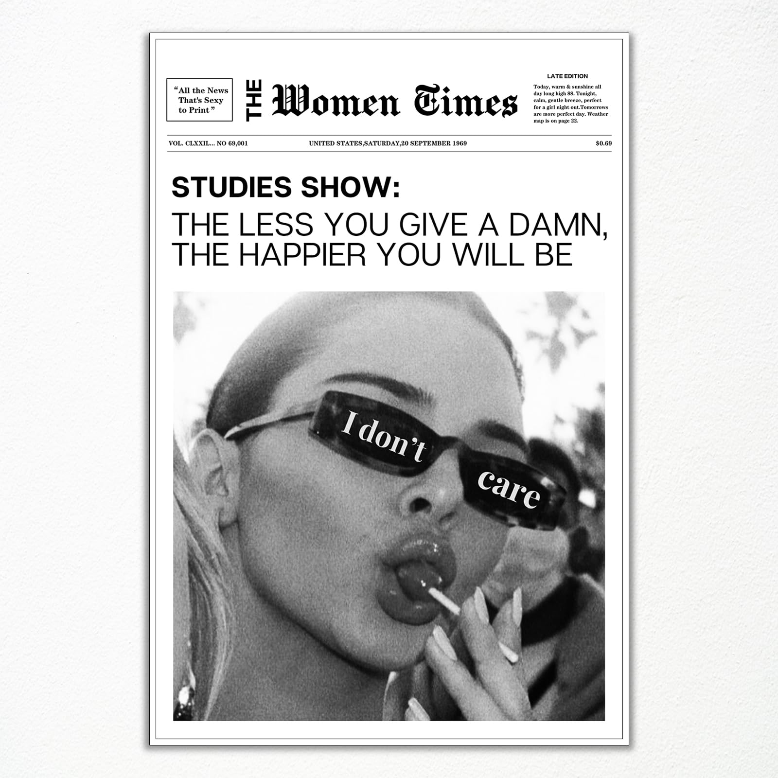 Anslipswar Trendy Black and White Canvas Wall Art, Funky Girl Aesthetic Preppy Poster, Women Times Newspaper Art Print, Vintage Bar Cart Wall Decor, Girls Dorm Apartment Picture 12x16in Unframed