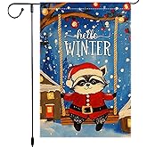 Hello Winter Garden Flag 12x18 Inch Double Sided Burlap Cute Raccoon in Santa Suit on Swing Christmas Holiday Outdoor Decor for Yard Porch Lawn Winter House Decoration