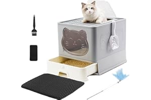 HelloMiao Fully Enclosed Cat Litter Box with Lid, Foldable Extra Large Cat Toilet, Drawer Type Cat Litter Tray with Plastic Scoop, Suitable for Cats Under 17.6Ib(8kg)