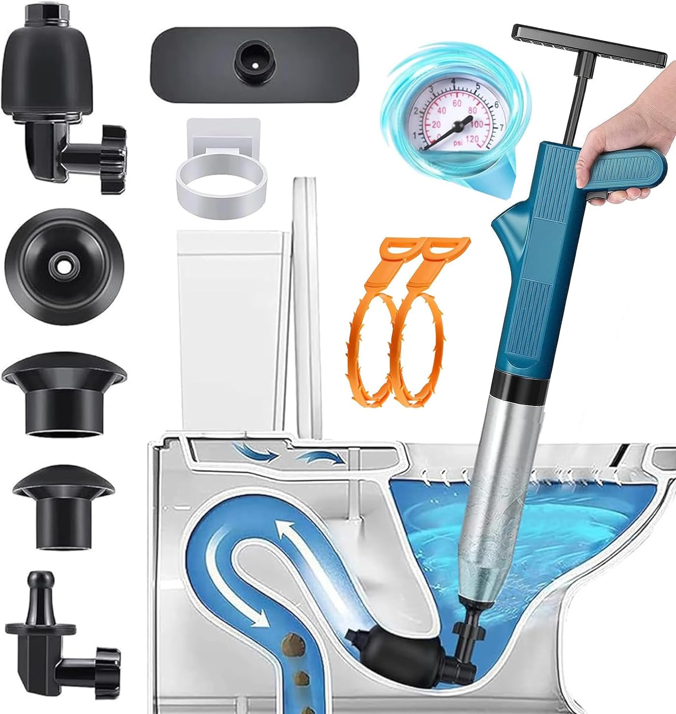 Pressure Toilet unclogger, Pressure Toilet Plunger Pump, Toilet Plunger, unclogging Kitchen Sinks and bathrooms