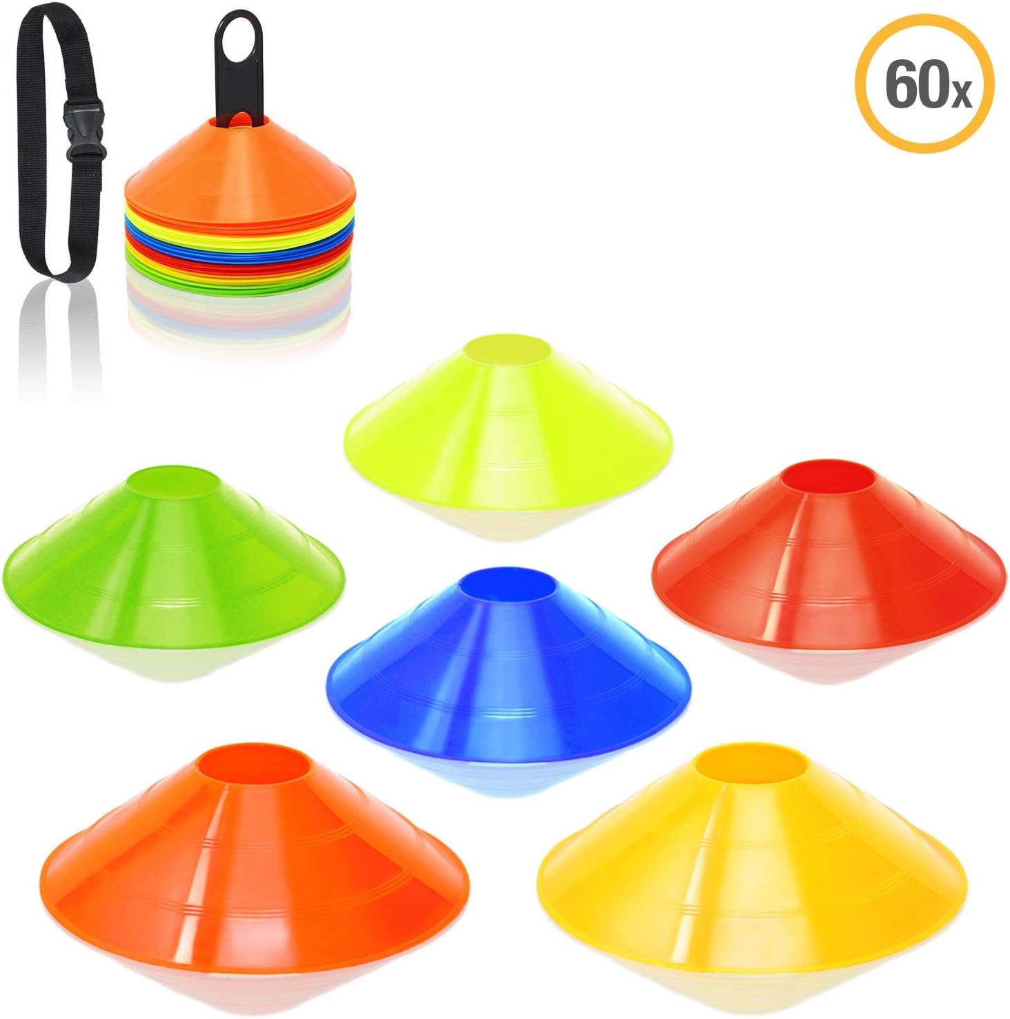 High Pulse 60 Count Durable, Long-lasting, High Intensity Colored Agility Cones perfect for Soccer, Football, Track and Field Hockey Training | Carrying Strap and Stand Included by Multi-Colored