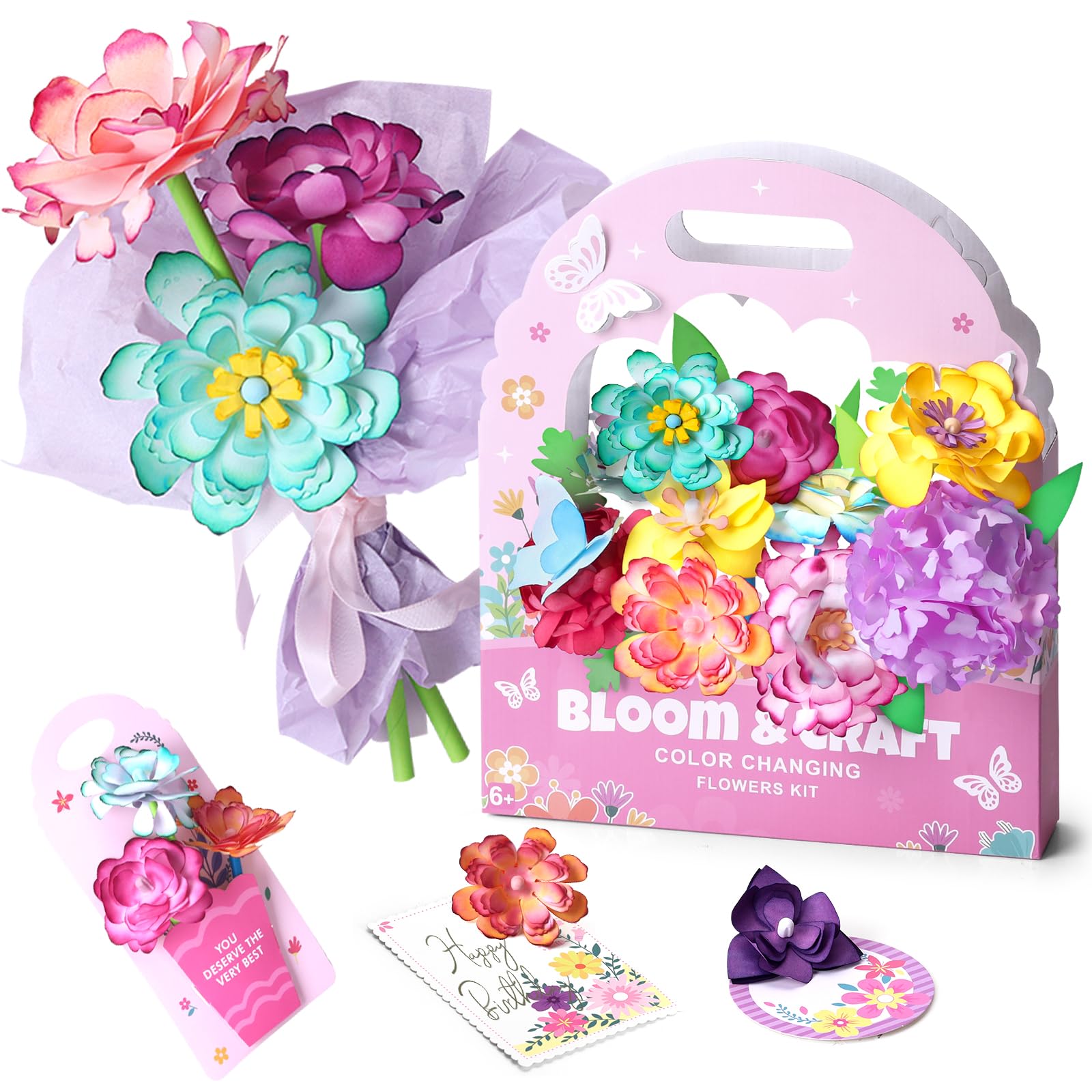 whatstem Creative Paper Flower Making Kit for Kids, Magic Color-Changing Flower Craft Toys Kit, Educational Activity Preschool Birthday Gift for 6-12 Year Girls Boys