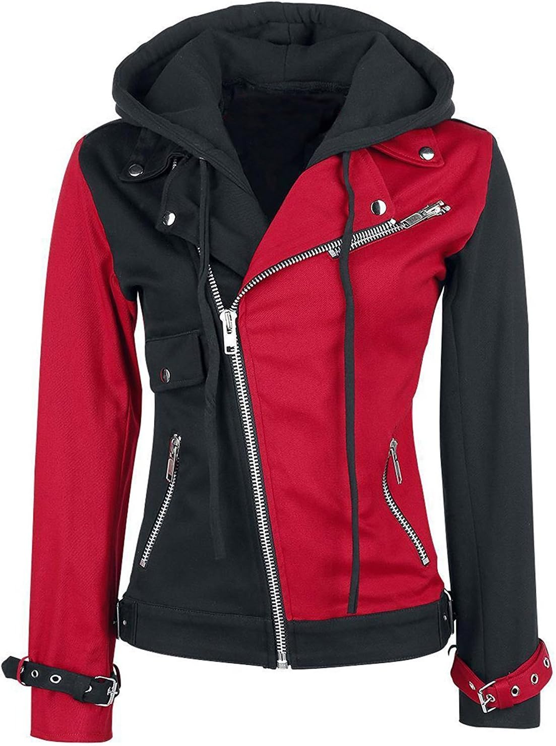 Harley Quinn Womens Psychotic Biker Black & Red Hoodie Cotton Jacket