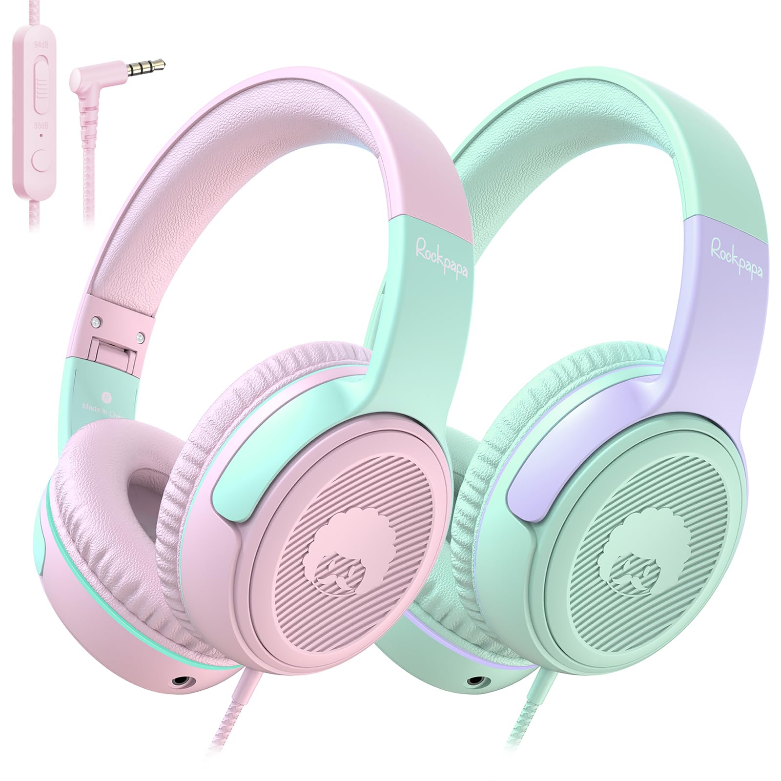 Rockpapa Share1 Kids Headphones Wired with Microphone, 85/94dB Volume Limited, Sharing Function, Foldable, Adjustable, Childrens Headphones Over Ear for School/Travel/Phone, Pink Green + Green Purple