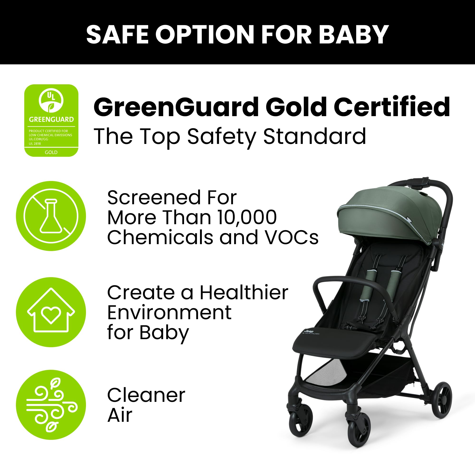 Jeep Altitude Compact Travel Stroller by Delta Children Greenguard Gold, Easy One Hand Fold, Lightweight, Extendable Canopy with Peek-a-Boo Window, Reclining Seat, 4 Wheel Suspension, Olive Green