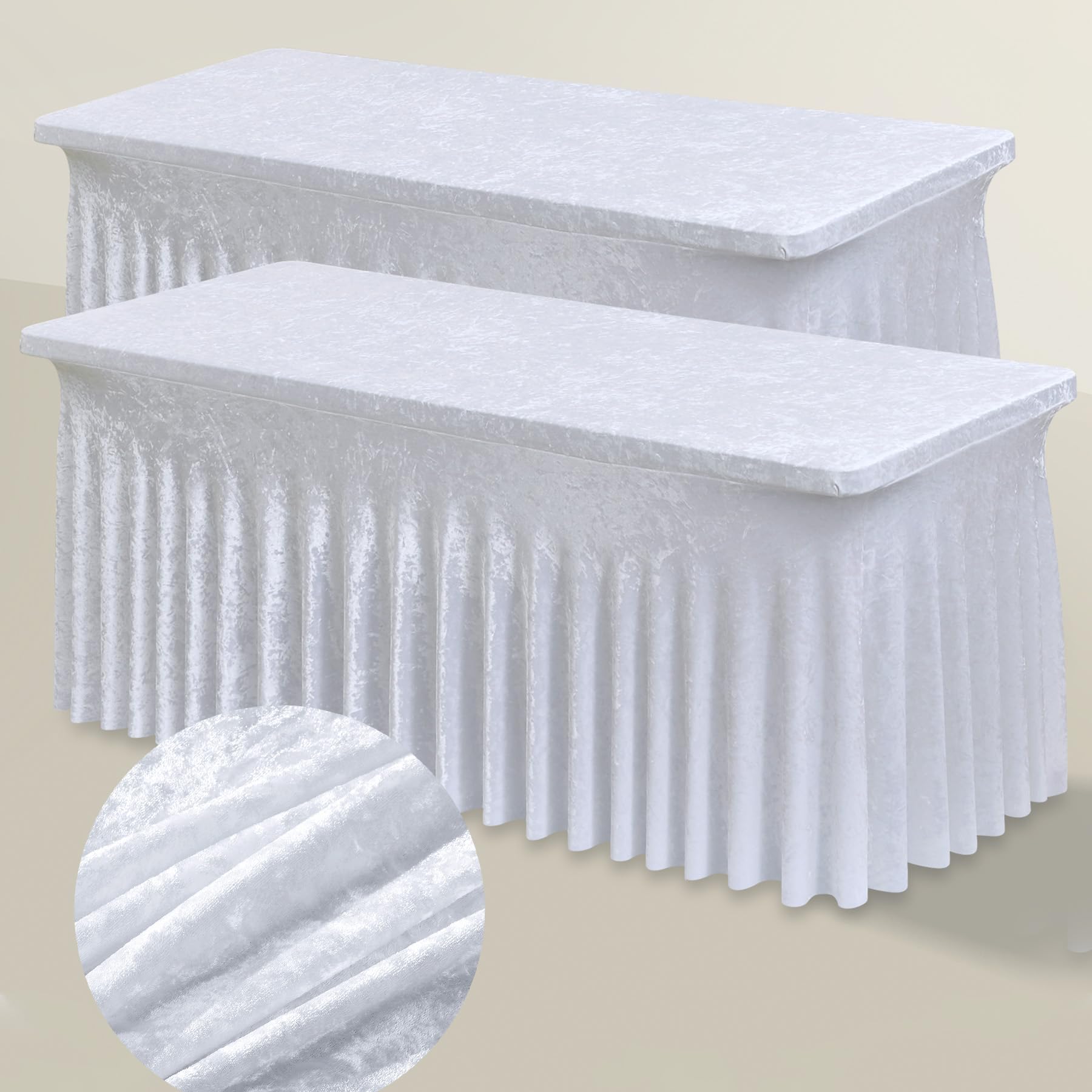 Photo 1 of 2 Pack White Velvet Tablecloths for 6 Foot Rectangle Tables, Stretchy Spandex Thick Soft Cloth Fitted Table Cover 6 ft Table Cloths 90x132in Skirt for Parties Weddings Birthday Banquet Baby Shower