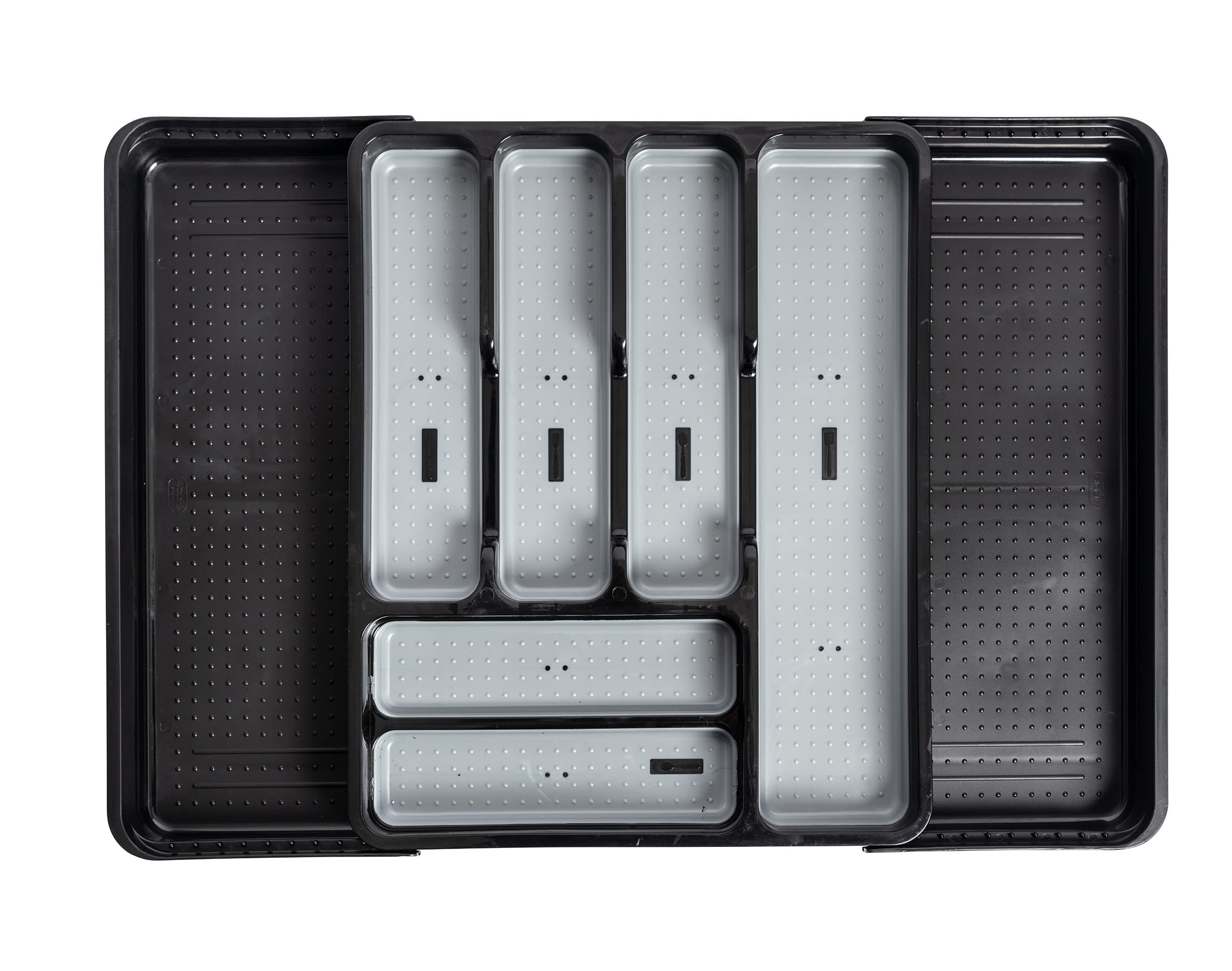 Addis Extendable Premium Soft touch 6 to 8 compartment Cutlery Utensil Drawer Organiser Tray, Black & Grey 6-8 Sections