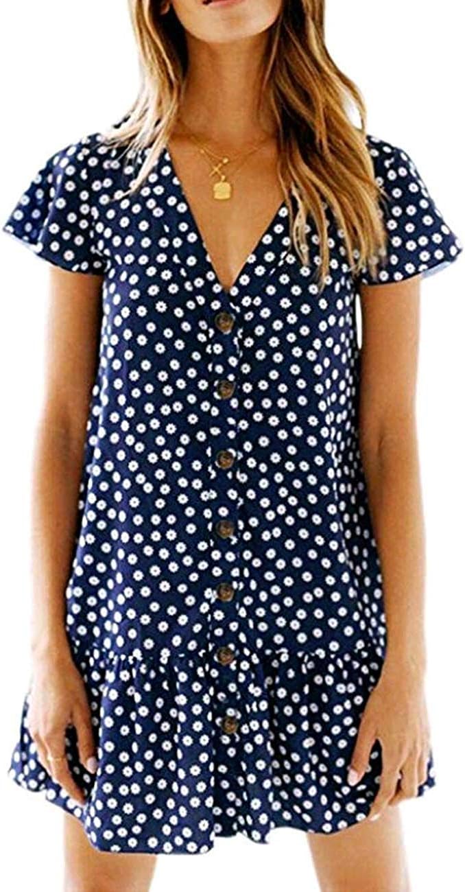 ofiman Womens Short Sleeve Chiffon Polka Dot V Neck Button Down Ruffles Summer Loose Mini T-Shirt Dress