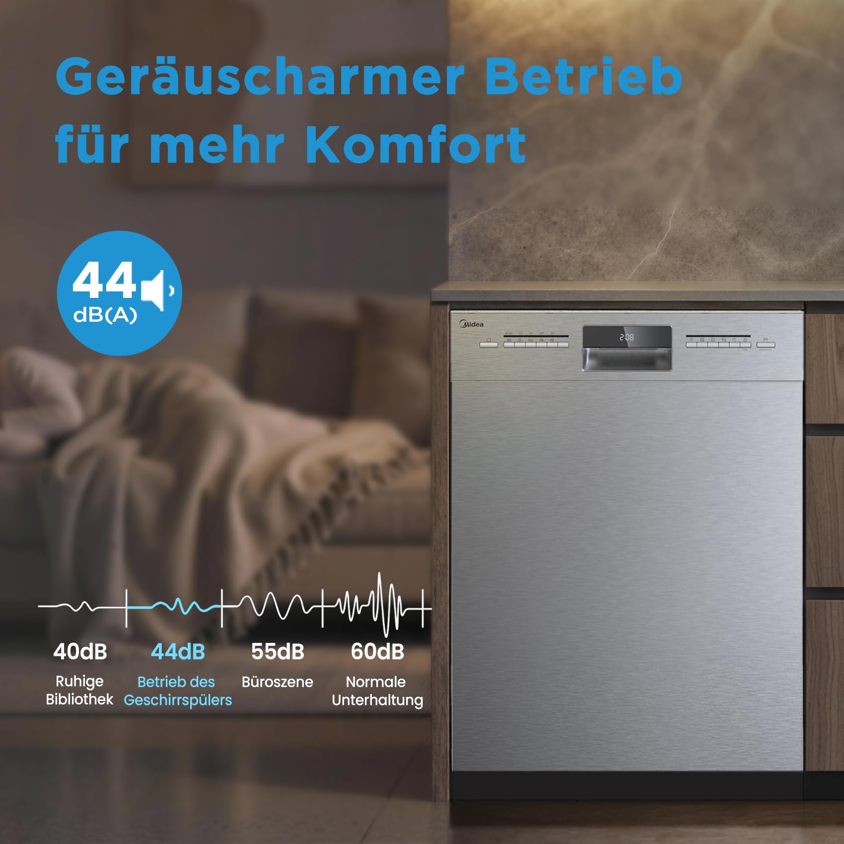 Midea SU 5.35X14CS Geschirrspüler Unterbau, 14 MGD, Spülmaschine 60 cm, Home Connect, Hygienepflege+, Maschinenpflege+, Extra Trocknung, Halbe Beladung, 44 db, Startverzögerung, Edelstahl 8