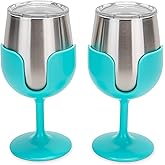 Camco Life is Better at The Campsite Stainless Steel Wine Tumbler 2-Pack - Features Heavy Duty Double Wall Vacuum Insulation & Removable Navy, Red, Green & Yellow Stems - Holds 8-oz Each - Blue(53484)