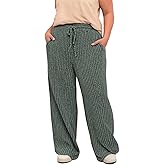 ROSRISS Womens-Plus-Size Wide Leg Pants Elastic High Waisted Casual Ribbed Knit Palazzo Pants Trousers with Pockets 1X-5X