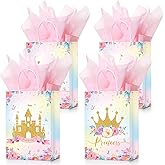 Nezyo 16 Pcs Princess Prince Party Favor Bags with Handles & Tissue Paper Prince Princess Candy Treat Goodie Gift Bags for Birthday Baby Shower Party Favors(Pink Crown and Castle)