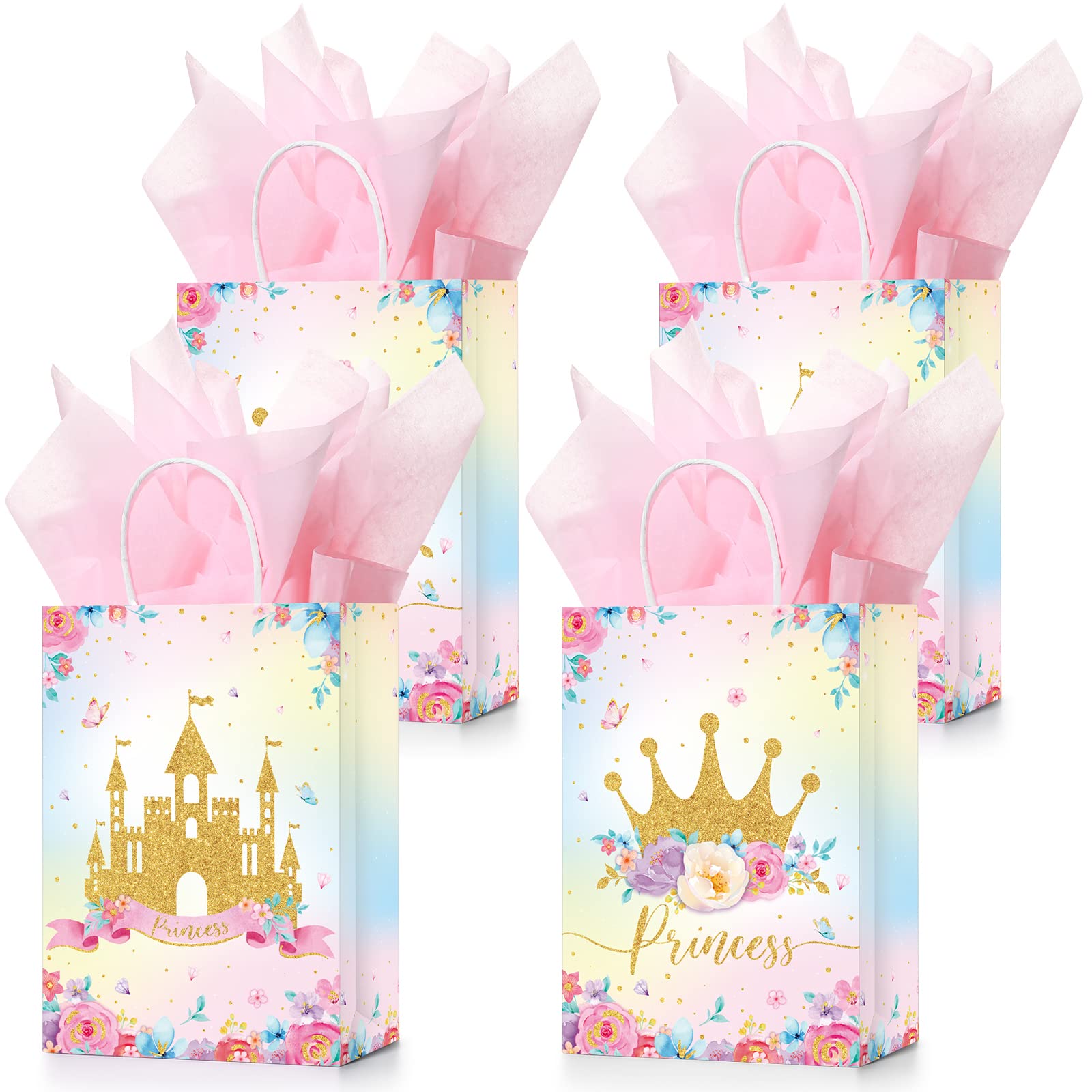 Nezyo 16 Pcs Princess Prince Party Favor Bags with Handles & Tissue Paper Prince Princess Candy Treat Goodie Gift Bags for Birthday Baby Shower Party Favors(Pink Crown and Castle)