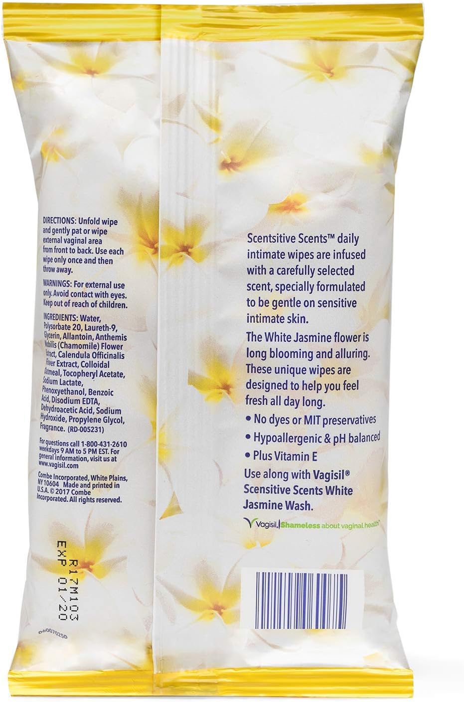 Vagisil Scentsitive Scents Daily Feminine Vaginal Wipes for Women, White Jasmine, 30 Wipes in Resealable Pack (Pack of 3): Health & Personal Care