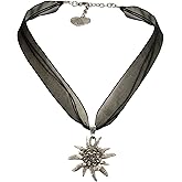 Alpenflüstern Bavarian organza necklace with rhinestone Edelweiss, Ladies costume jewelry, traditional german pendant necklace for Dirndl, Leather trouser, Oktoberfest (black)