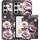 MUQR Compatible for Samsung Galaxy S24 / S25 Case with Card Holder Cute - Kawaii Design Military-Grade Drop Protection Rugged Wallet Cases for Women (Black Pink Roses Flowers)