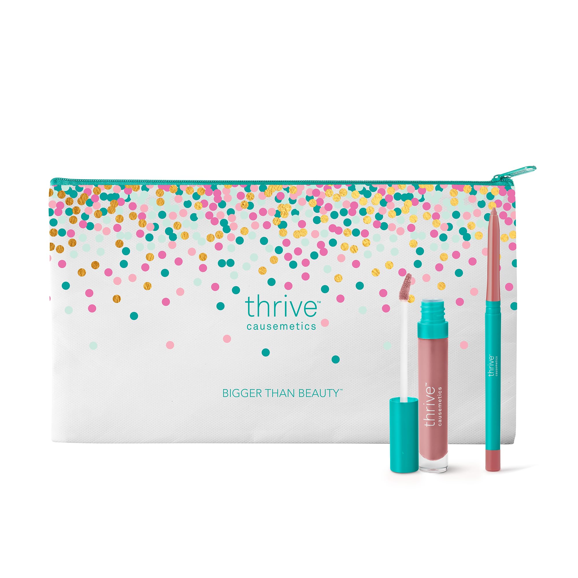 Thrive Causemetics Perfect Pink Pout Lip Gloss & Liner Bundle with Makeup Bag, Sheer Strength Lip-Plumping Peptide Gloss & Long-Wearing Plumping Lip Liner, Vegan & Cruelty Free, Jo (Pink Mauve)