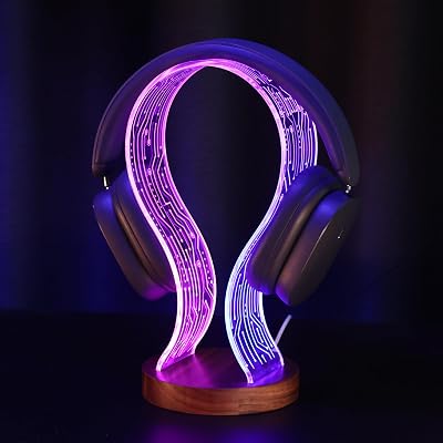 Ammonite Walnut LED Headphone Stand USB PCB Gamer Game Room Decor Blue Pink