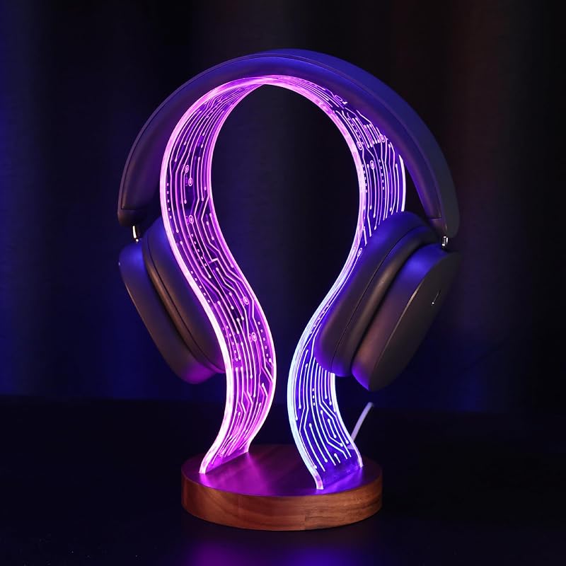 Ammonite Walnut LED Headphone Stand USB PCB Gamer Game Room Decor Blue Pink