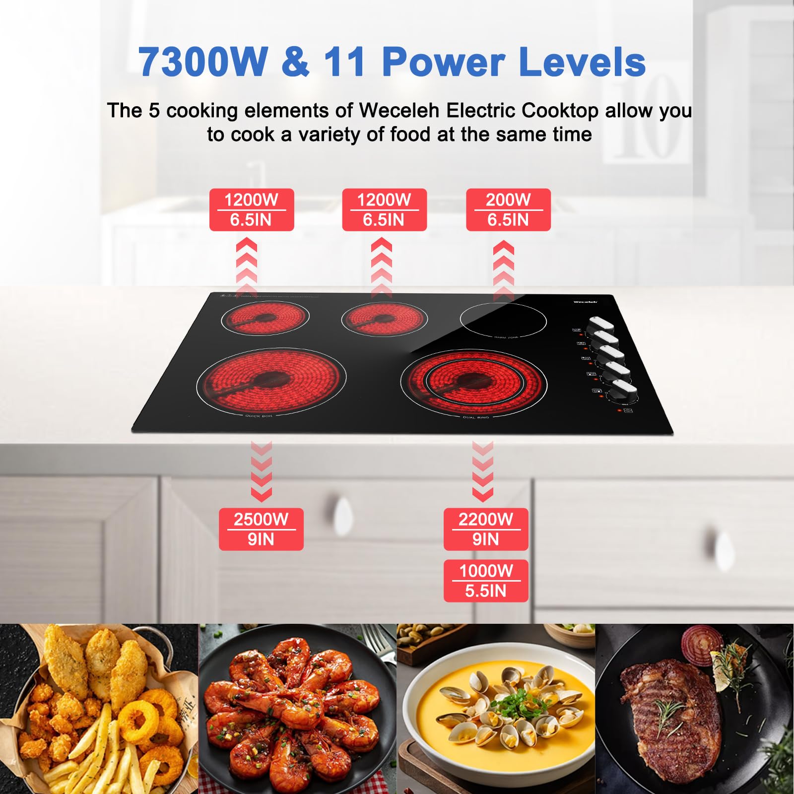 30 Inch Electric Cooktop, 5 Burners Built-in Cooktop, 7300W Knob Control Electric Stove Top with 11 Power Levels, Safety Lock, Dual Ring, Heat Retention Function, Hot Surface Indicator