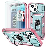 Case for iPhone 14, for iPhone 13 Case with 3 Pcs Tempered Glass Screen Protector Built in Ring Stand Kickstand + Camera Cover, Hard PC Soft TPU Defender Full Body Protective Armor Cover - Green/Pink