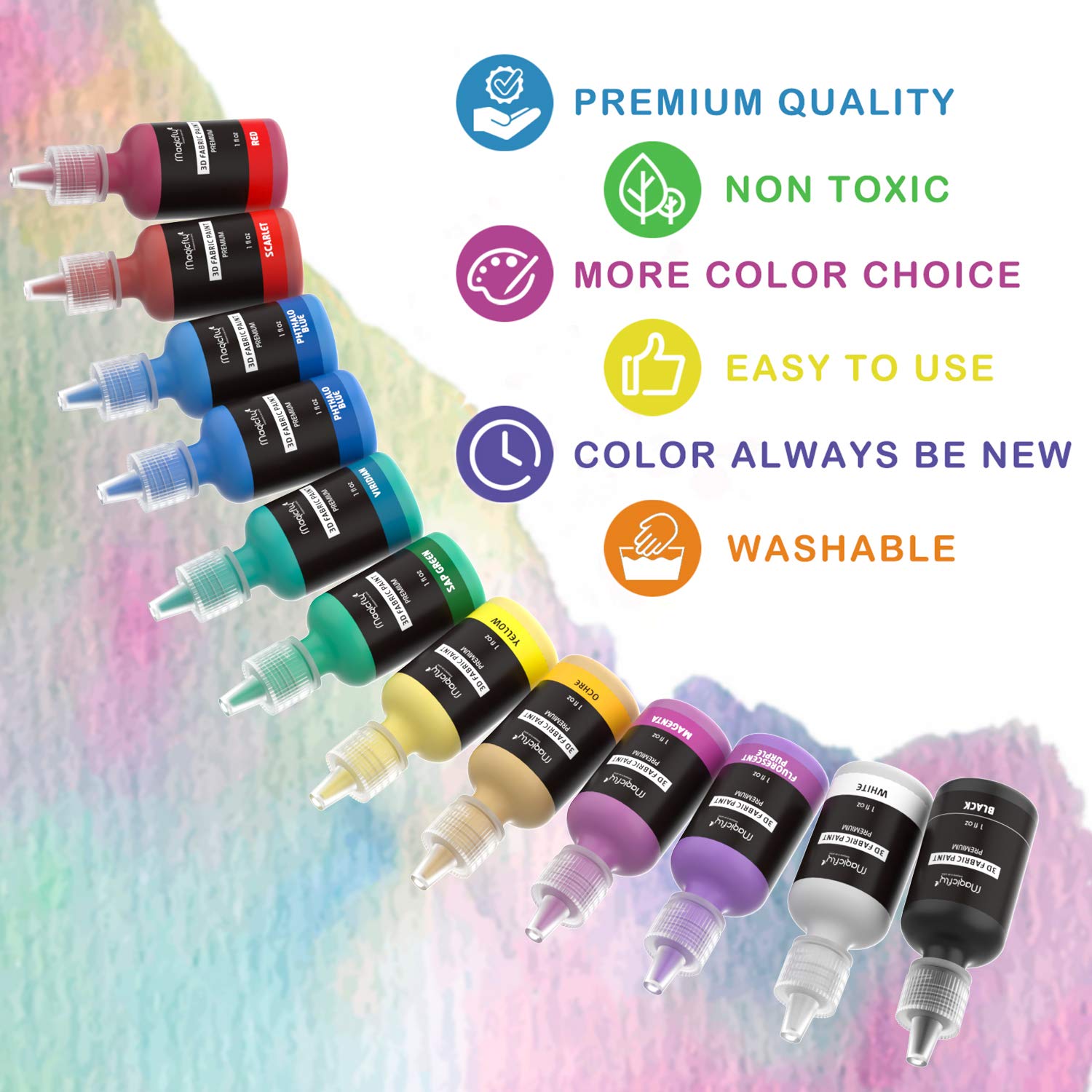 Galleon Puffy Paints, Magicfly 40 Colors 3D Fabric Paint With 3 Brushes And Stencils