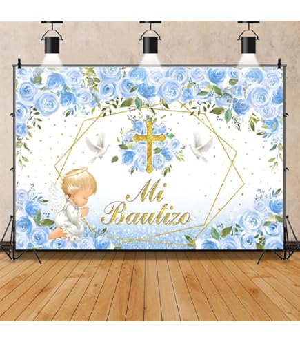 OERJU Baby Baptism Backdrop 10x8ft - Blue Flowers Christening & First Communion Photo Background