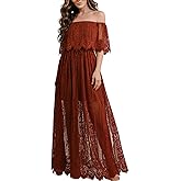 HOYISHION Women's Off The Shoulder Floral Lace Maxi Dress White Bridesmaid Wedding Party Maternity Photoshoot Long Dresses