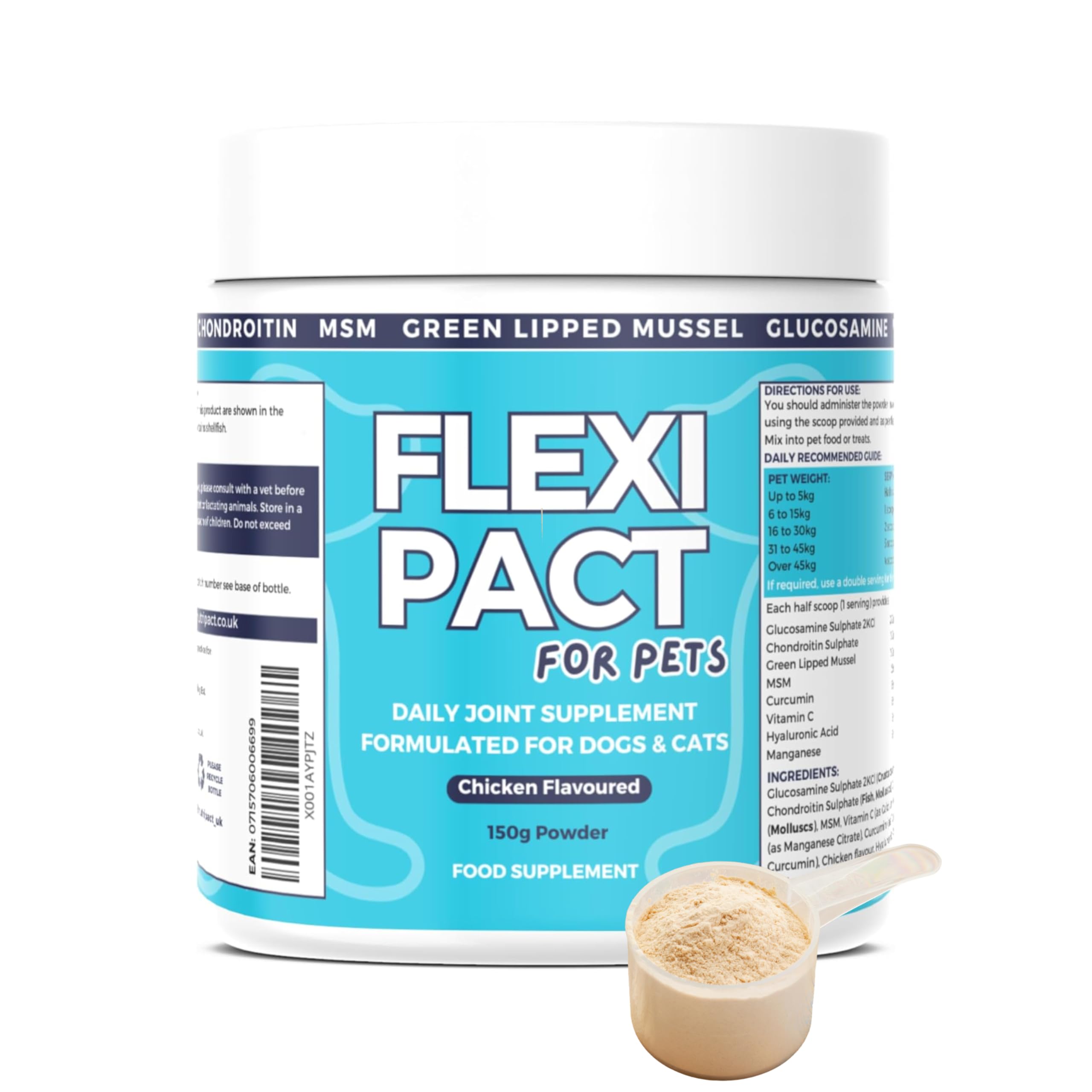 Flexi Pact Joint Support Powder Supplement for Dogs and Cats - With Glucosamine, Green Lipped Mussel, Chondroitin, MSM, Curcumin, Vitamin C & More – All Breeds & Sizes - 150g Chicken Flavoured Powder
