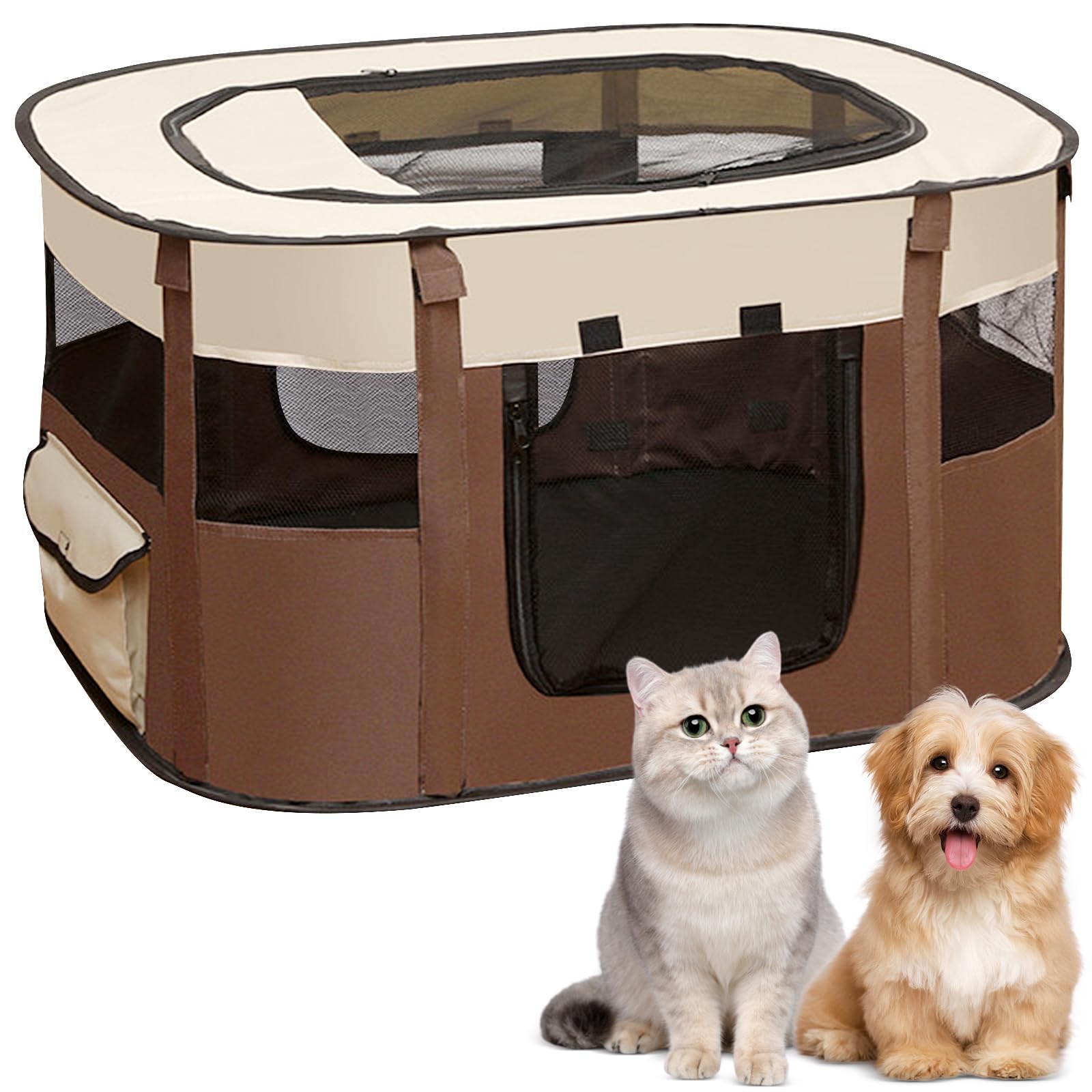 Puppy Playpen, Animal Playpen, Foldable Pet Fence, Puppy Run Rectangular Tent, Puppy Playpen for Indoors, Portable Small Animal Enclosure for Kittens, Puppies, Rabbits (Brown)
