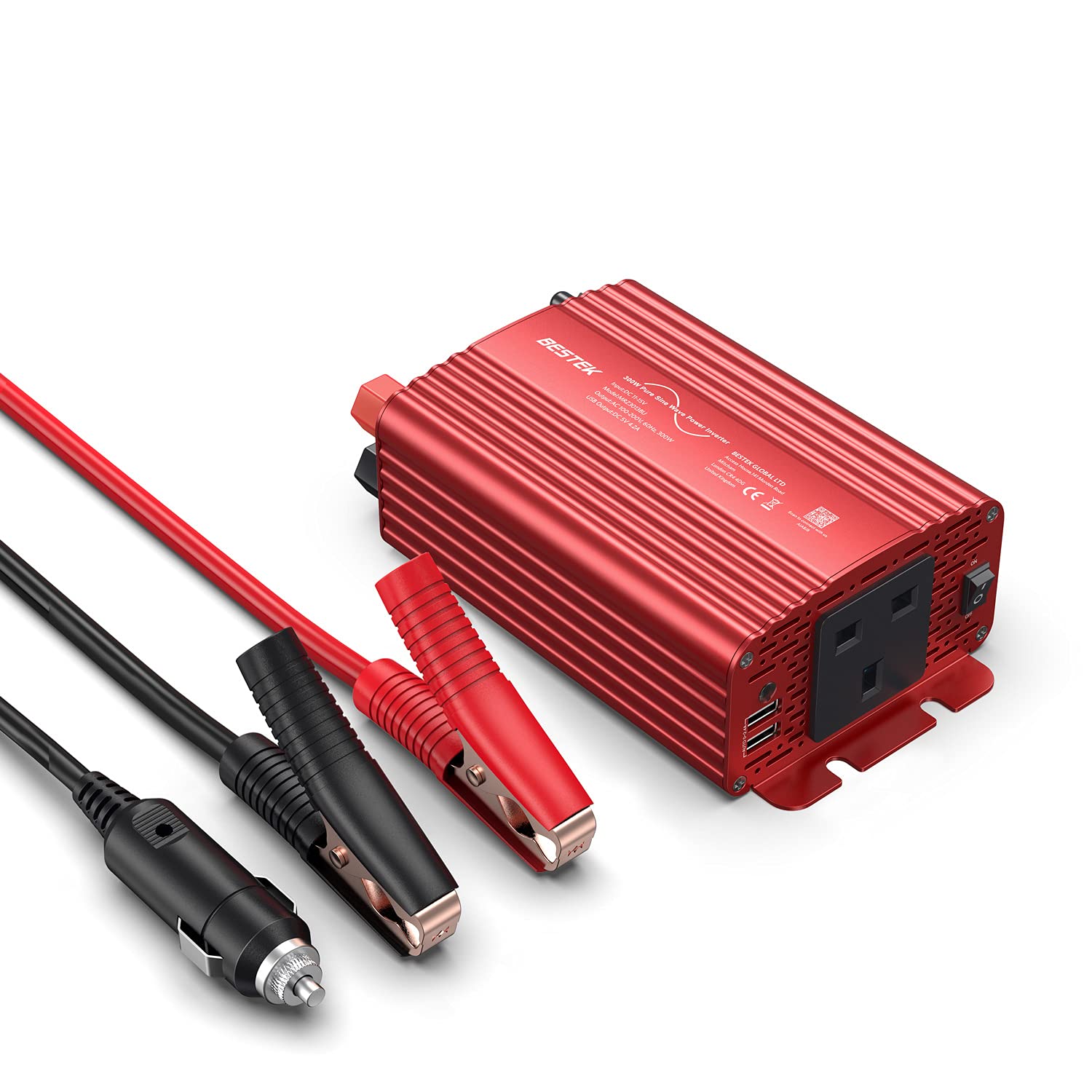 BESTEK 300W Power Inverter DC 12V to AC 230V Car Voltage Converter with 12-Volt Clip-On Battery Cigarette Lighter Adapter & 2-USB Charging Ports