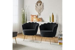 HULALA HOME Modern Velvet Accent Chairs Set of 2 with Shell Shaped Back, Cute Living Room Bedroom Armchairs with Gold Legs, Comfy Upholstered Vanity Chairs for Makeup Room, Black