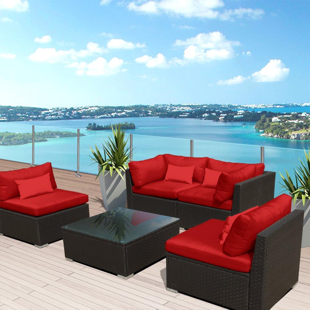 Amazon Com Modenzi 5g U Outdoor Sectional Patio Furniture Espresso Brown Wicker Sofa Set Red Garden Outdoor