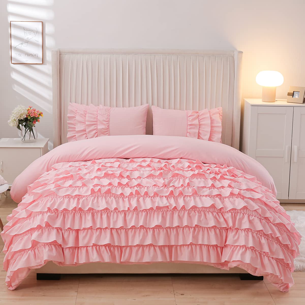 Photo 1 of Holawakaka Pink Waterfall Ruffle Comforter Set Queen Size Multi-Layers Ruffled Shabby Chic 3PCS Bedding Set for Girls Women