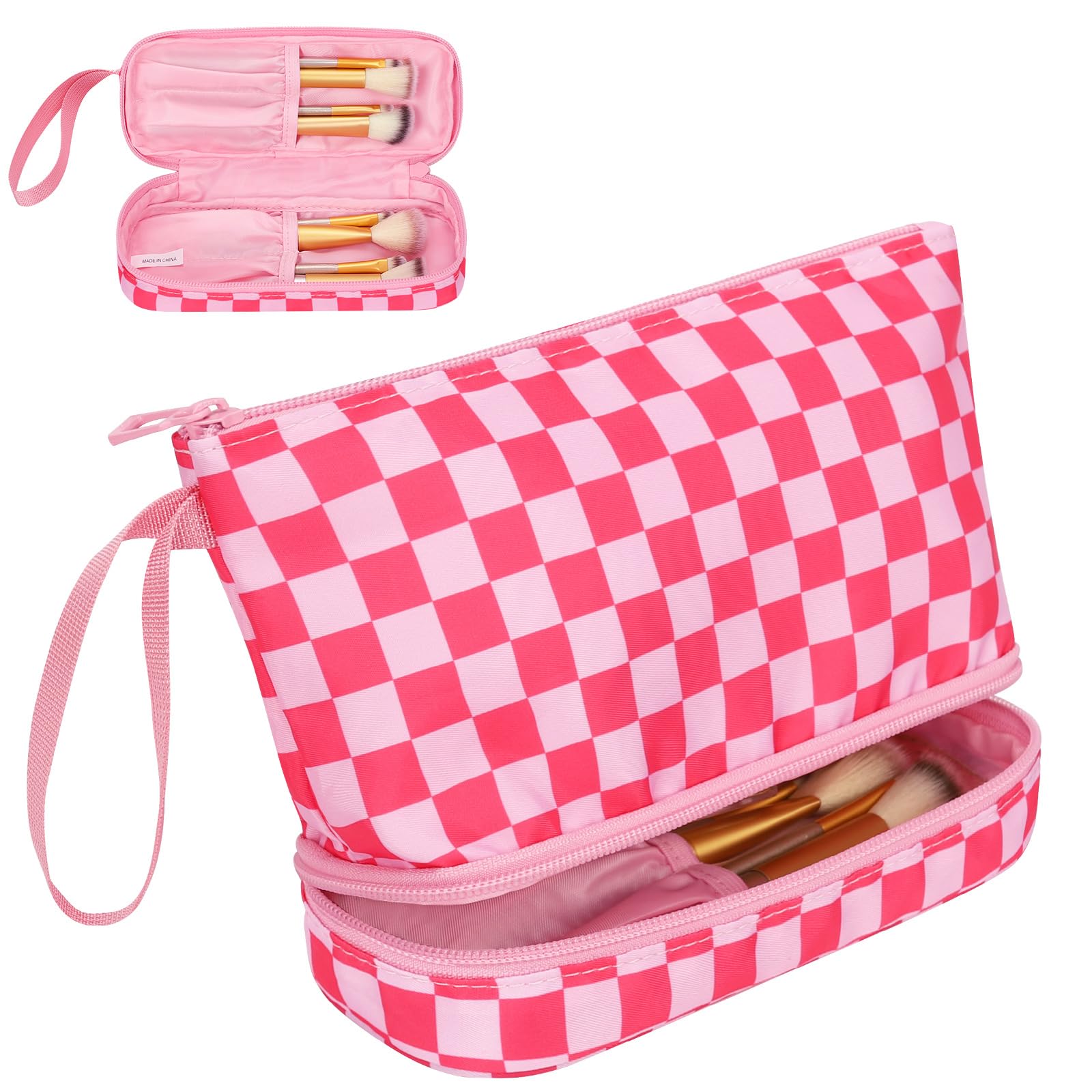 Photo 1 of Ethereal Small Travel Makeup Bag, Checker Pink Make up Organizer Bag with Makeup Brush Holder, Portable Cosmetic Bag for Women/Girls