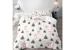 LUVIVIHOME 3PCS Pink Bow Christmas Tree Duvet Cover Queen Bedding Sets, White Duvet Cover, Teen Girls Bedding, Winter Holiday Christmas Comforter Cover, Coquette Room Decor Aesthetic, 2 Pillow Shams