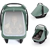 Blissful Diary Baby Car Seat Cover, Extra Large Mesh Window, Breathable Muslin Cotton, Infant Windproof Canopy, Must-Have Baby Gift - Roman Green