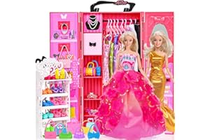 ebuddy 105 Pcs Doll and Closet Plyaset- Wardrobe Set Including One Doll,Wardrobe, Shoes Rack, Dress, Shoes Hangers, Necklace