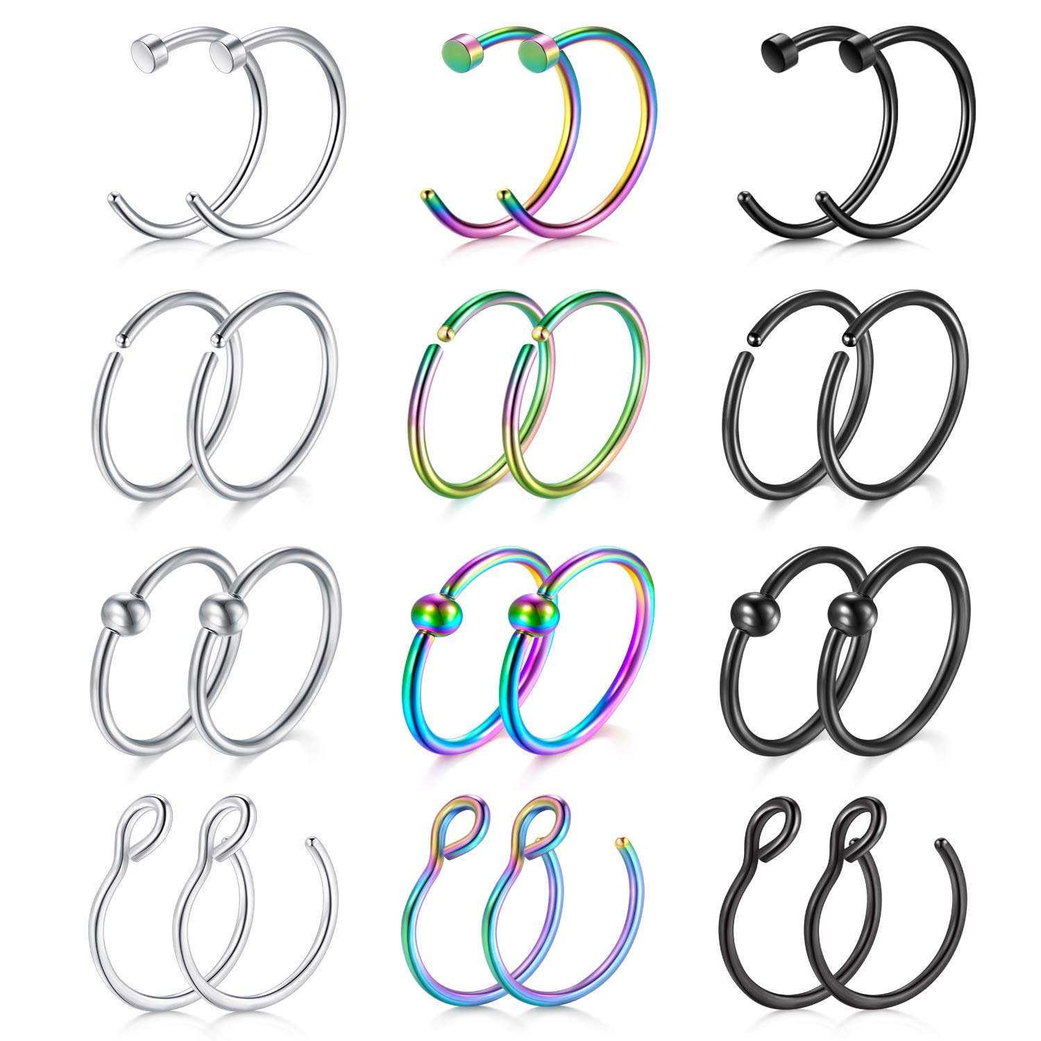 Rajnard 20g Nose Rings Hoop Nose Ring Surgical Steel Thin Lip Ring Helix Cartilage Tragus Earrings Hoop Piercing Jewelry 8mm for Women Men set2