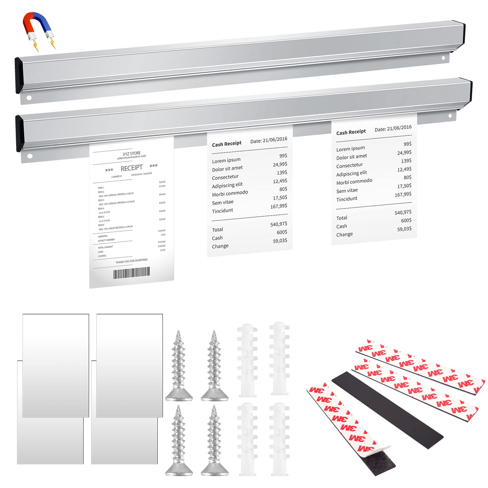 Photo 1 of 2 Pcs Ticket Rack Magnetic Note and Paper Holder Aluminum Slide Check Rack Ticket Holder for Restaurant with Strips Bill Orders Display Rail for Kitchen Restaurant Office Cafes Bar Pubs Note Organizer