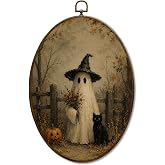 JQF Rustic Fall Halloween Ghost Oval Wall Decor Framed 8.5x11.5 Inch | Spooky Autumn Pumpkin Ghost Cat Oval Canvas Wall Art, Dark Moody Halloween Prints Hanging Decor for Home Bedroom Living Room